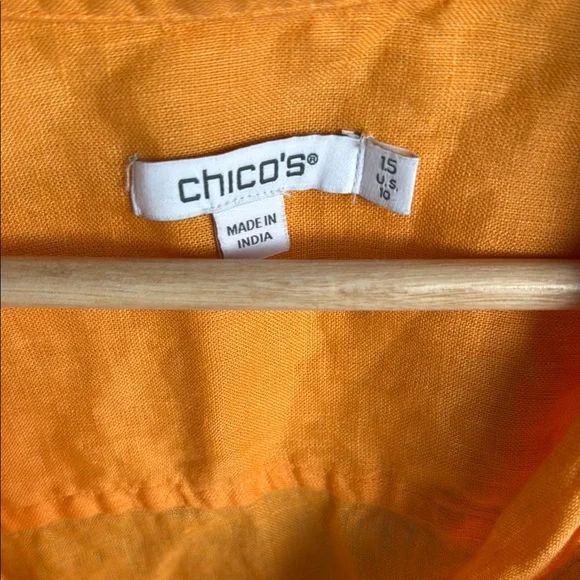 Chico's Orange Linen Short Sleeve Notched Collar Button Down - Picture 2 of 4
